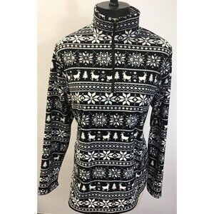 Lands' End Sweater Medium Black White Fleece Pullover Reindeer Snowflake Size MD